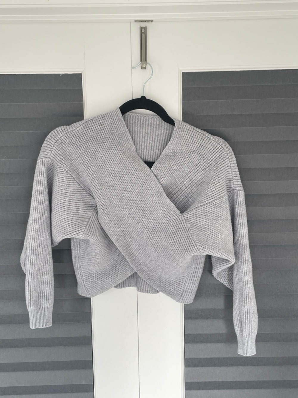 Light Gray Cross-Front Ribbed Sweater
